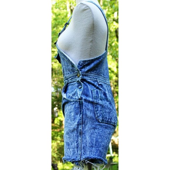 Vtg 80s Acid Wash Denim Cut-off Overalls Shorts sz 6/8 Pleated Front Distressed - Picture 2 of 9